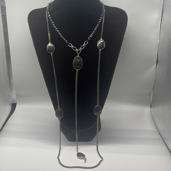 Hematite & Faceted Labradorite Double Chainlink Necklace - Picture 5 of 7